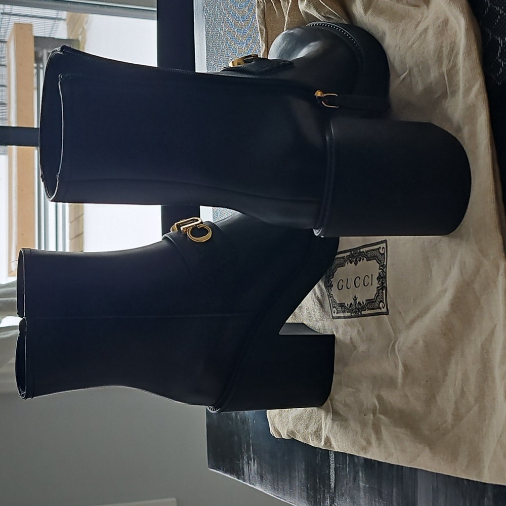 Gucci Black Heeled Boots with Gold Accents - Picture 2 of 3
